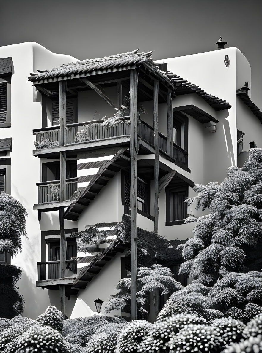 Monochrome image of multi-story building with wooden balconies and lush foliage