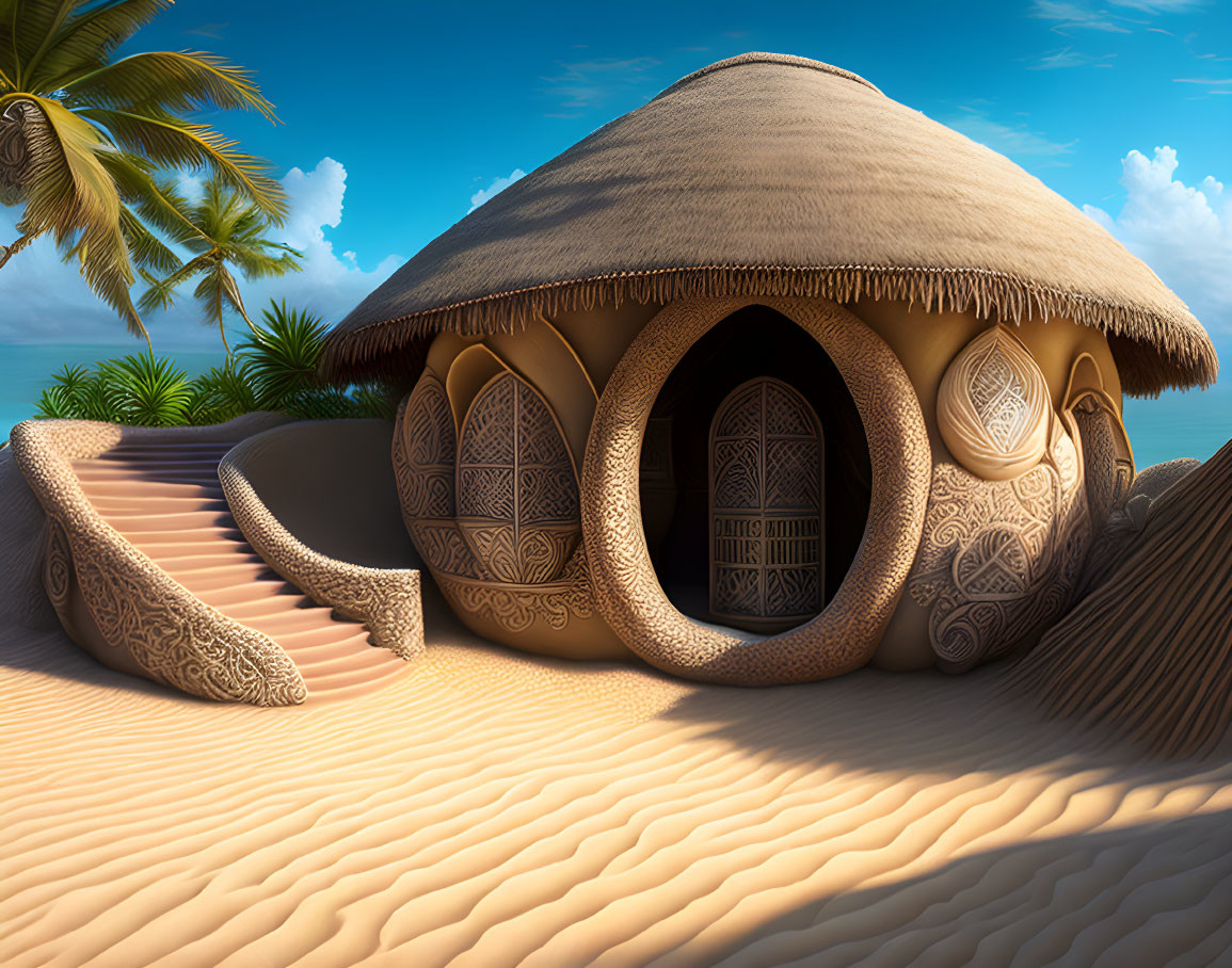 Thatched-roof seaside hut with ornate doorways and palm trees