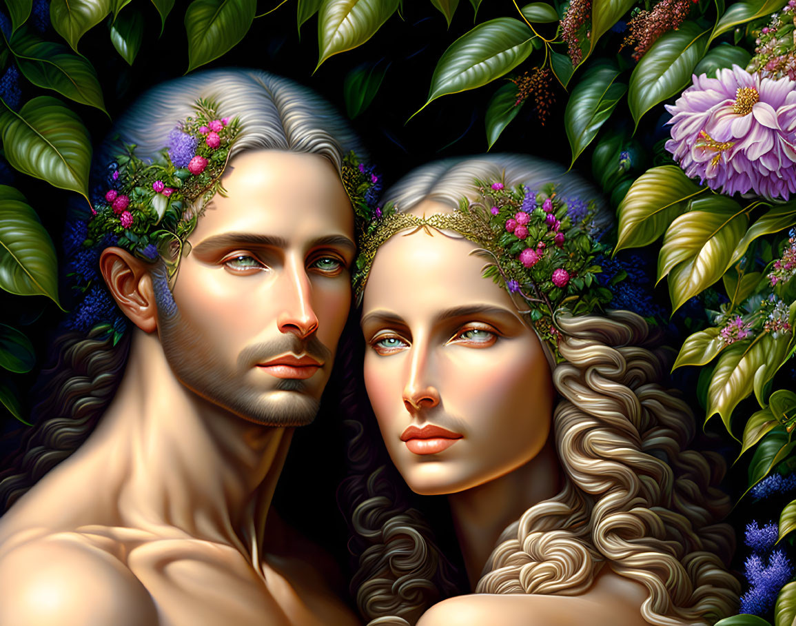 Digital painting of man and woman with floral crowns surrounded by lush greenery and flowers in mystical,