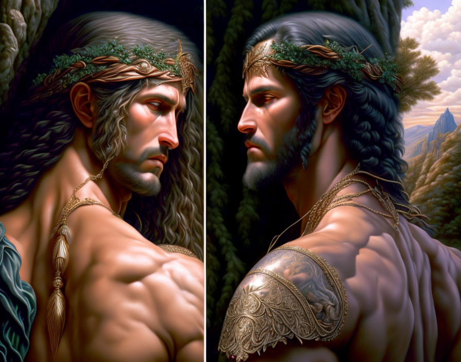 Fantasy artwork of male figure with long hair, leaf crown, and armor against cliffs and forests.