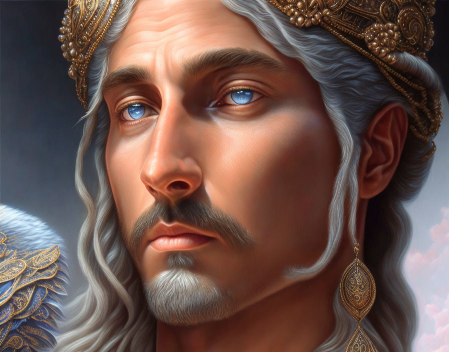 Regal man with blue eyes, white hair, and golden crown.