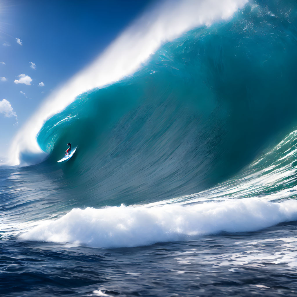 Surfer Riding Massive Blue Wave Under Bright Sky