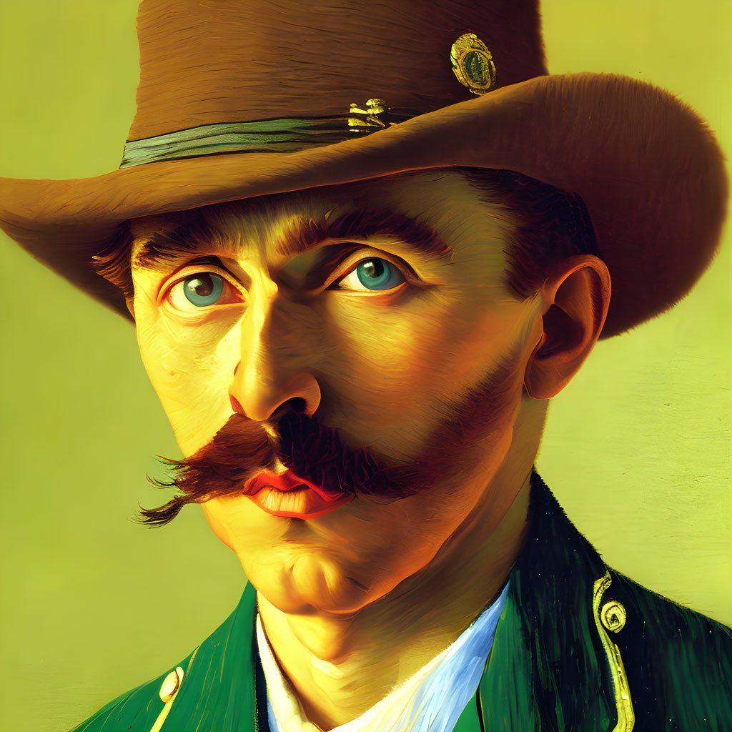 Stylized portrait of a man with mustache in military attire on yellow background