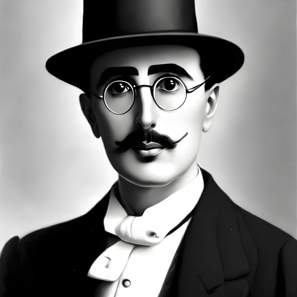 Monochrome portrait of person with round glasses and top hat