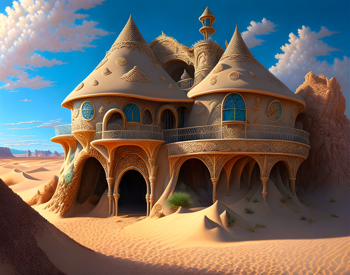 Intricate Desert Palace Amidst Sand Dunes