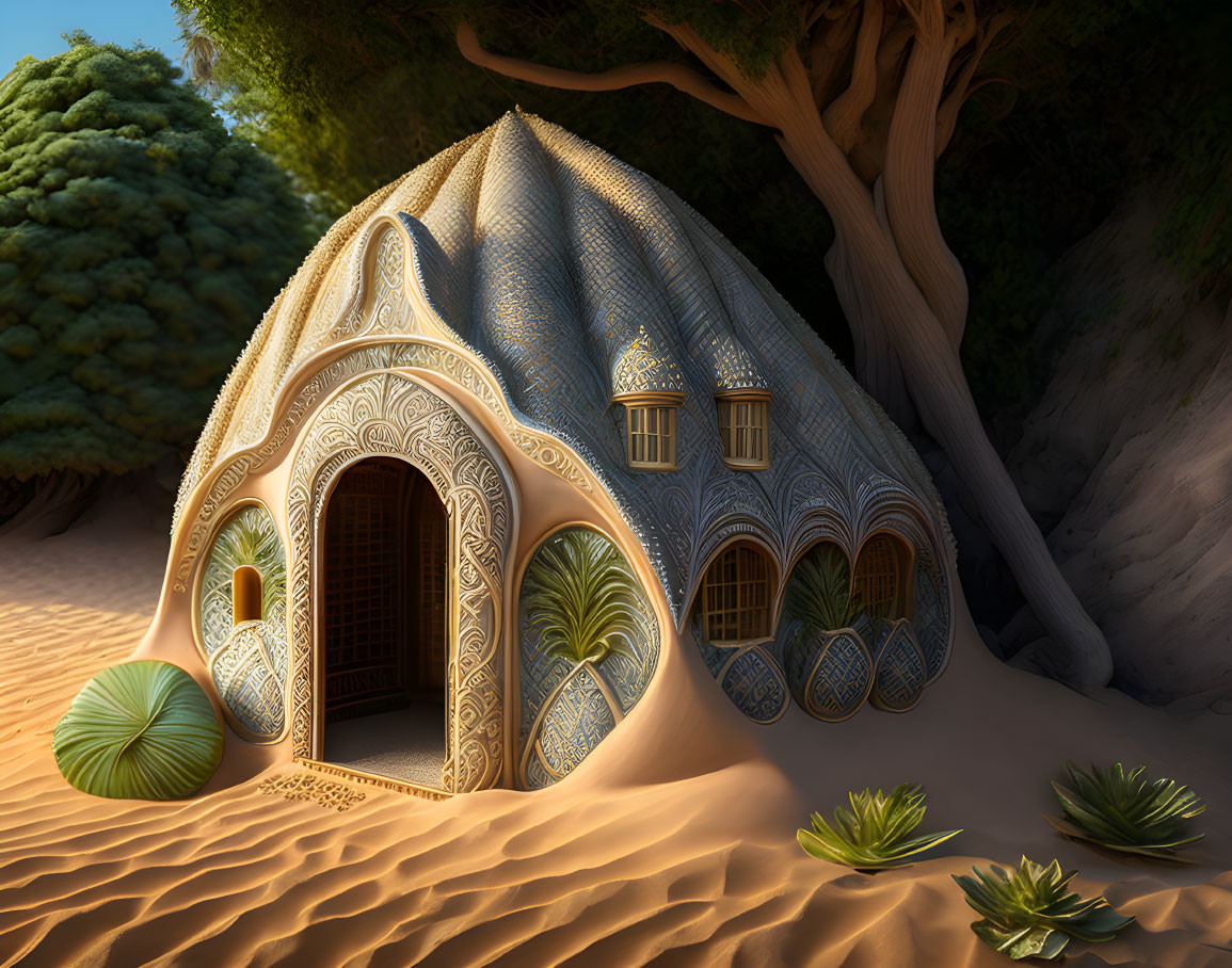 Ornate domed structure in sand dunes with lush vegetation at twilight