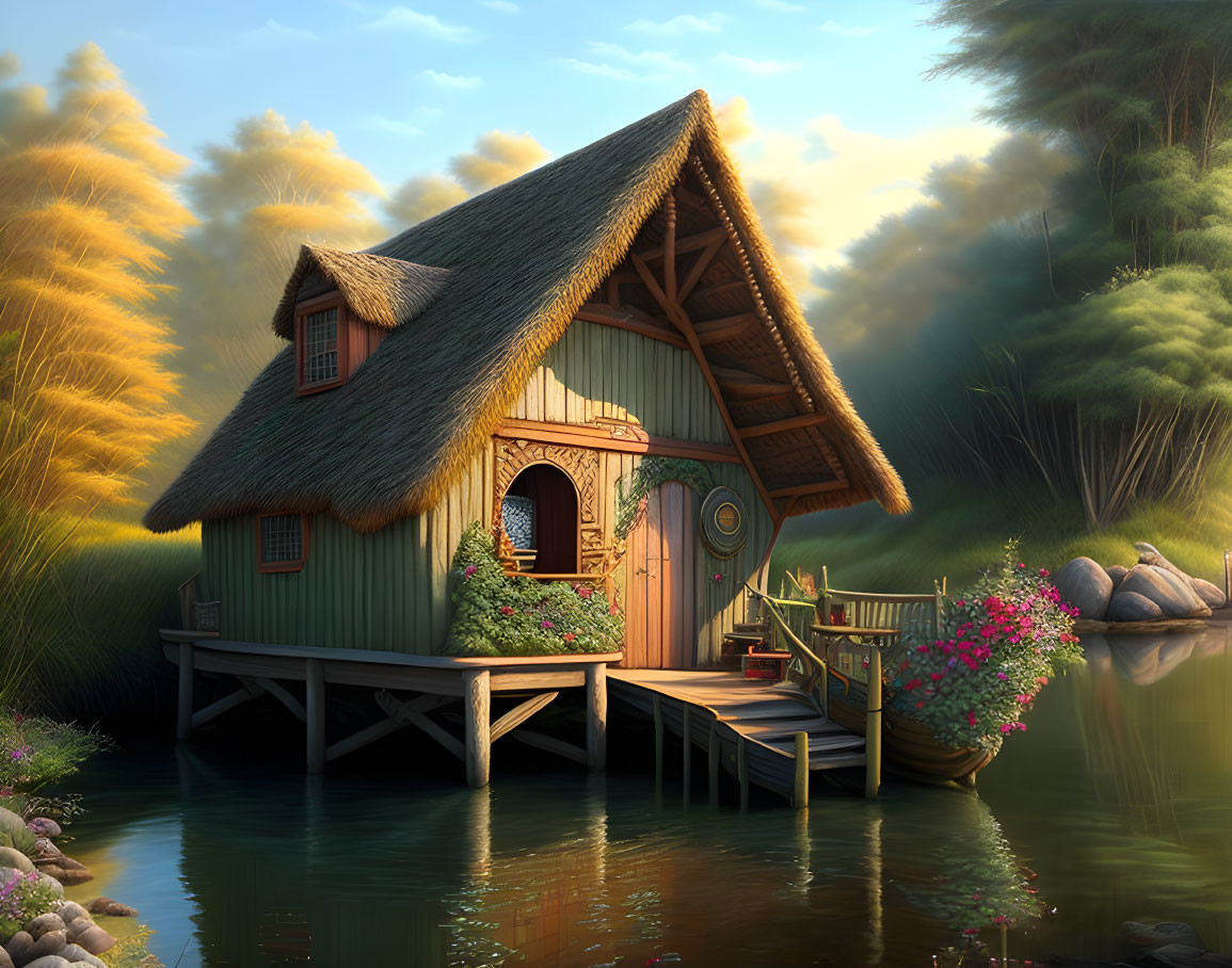 Thatched-Roof Cottage on Stilts by Tranquil River at Dusk