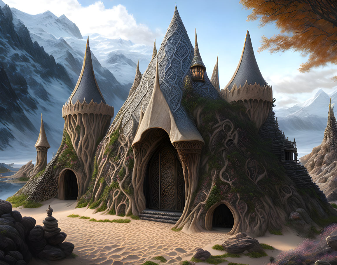 Spire-shaped fantasy castle in tranquil mountain landscape