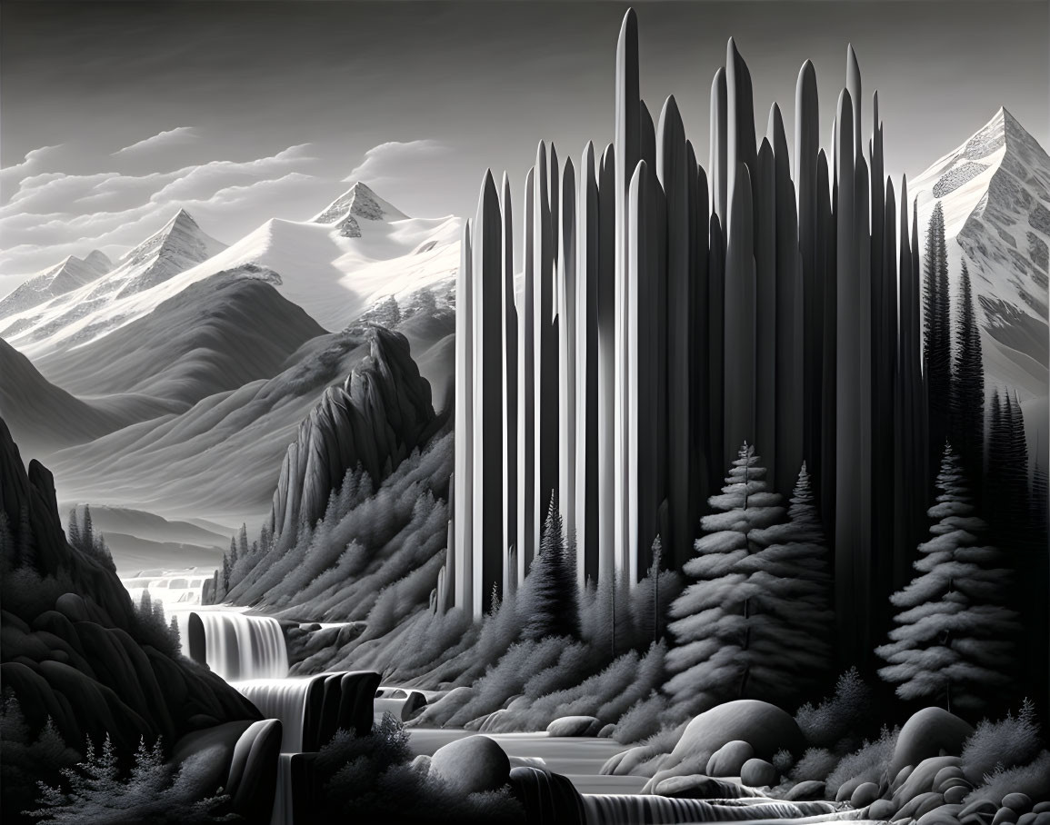 Monochrome landscape with vertical rock formations, pine trees, waterfalls, and snow-capped mountains.