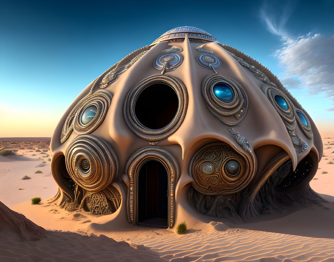 Ornate spherical structure in desert landscape with intricate designs