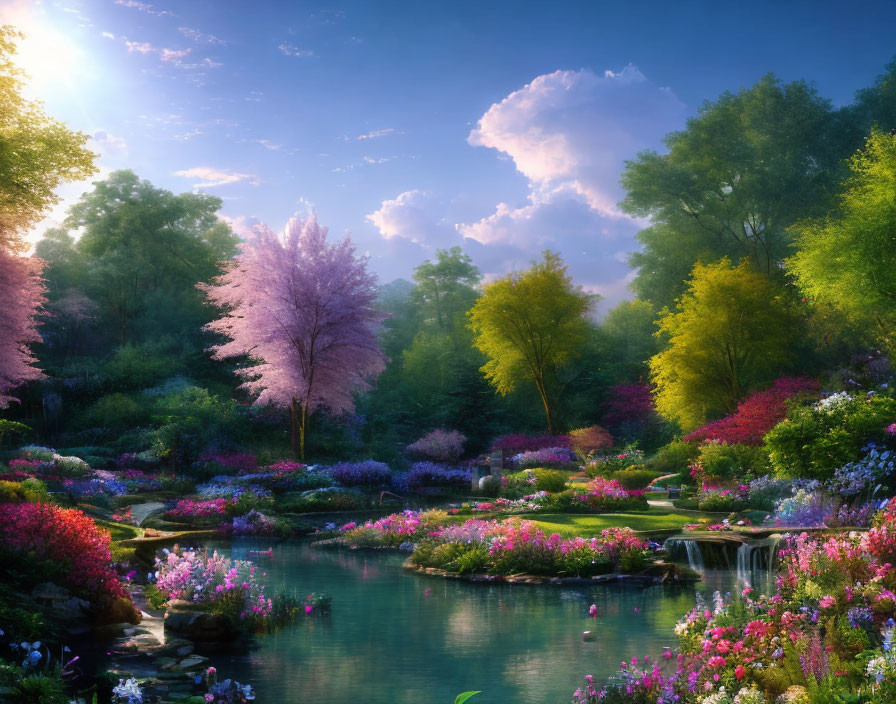 Tranquil garden scene with pink and purple flowers, lush greenery, pond, and waterfall