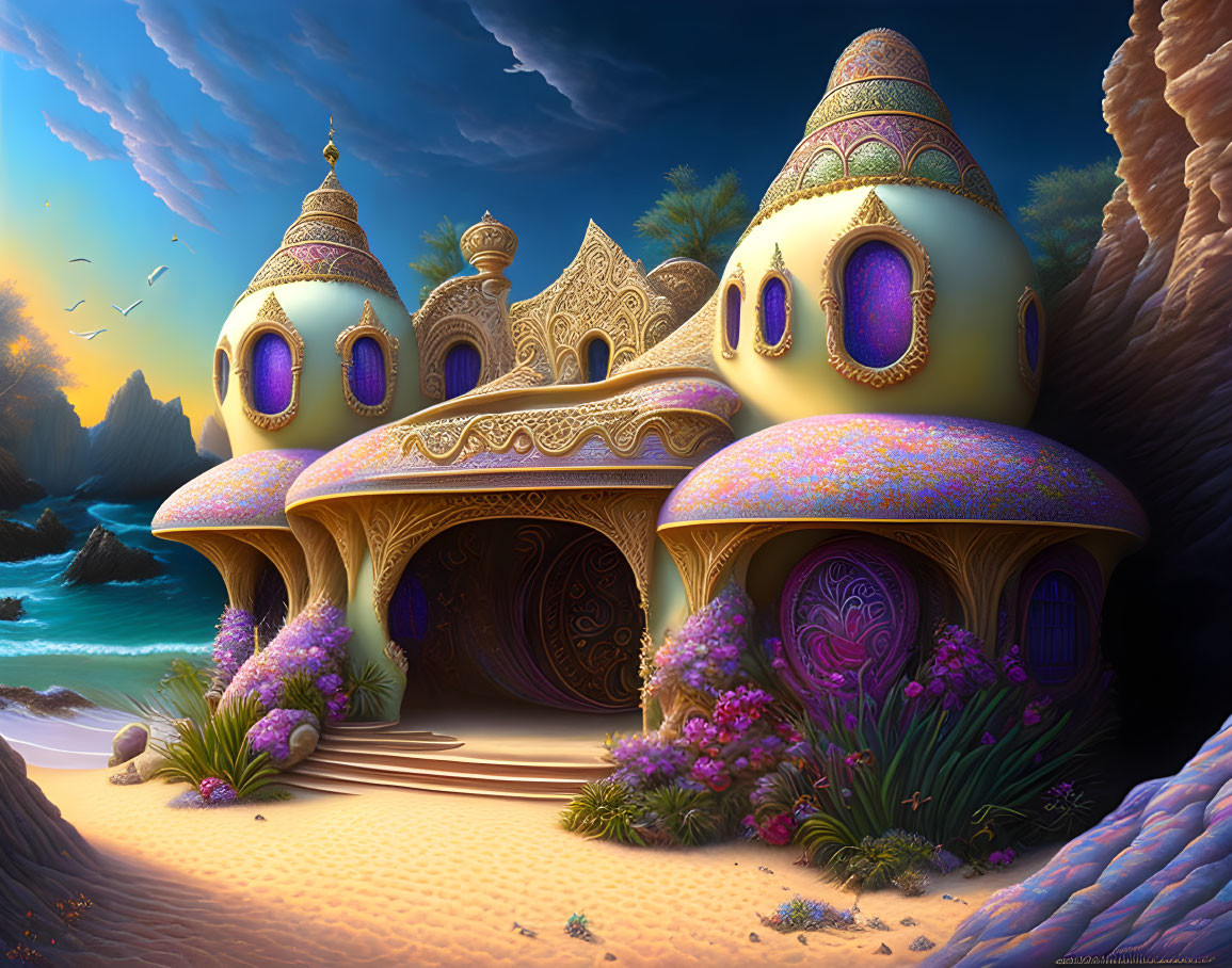 Ornate golden domes and arches in fantasy desert landscape