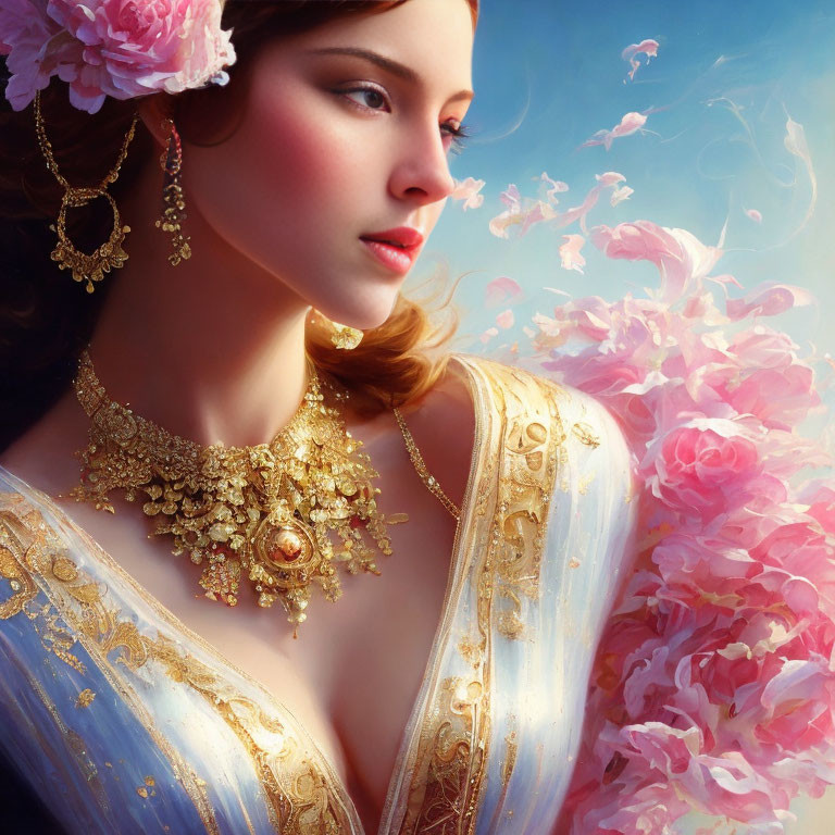 Portrait of Woman with Pink Flower, Gold Jewelry, Blue Dress, and Pink Roses