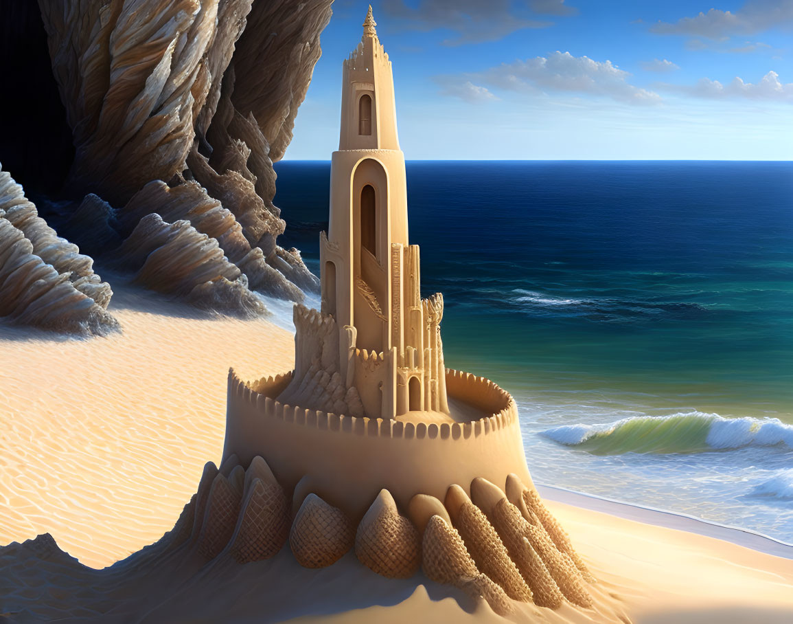 Elaborate sandcastle with tower on beach against seascape and cliffs