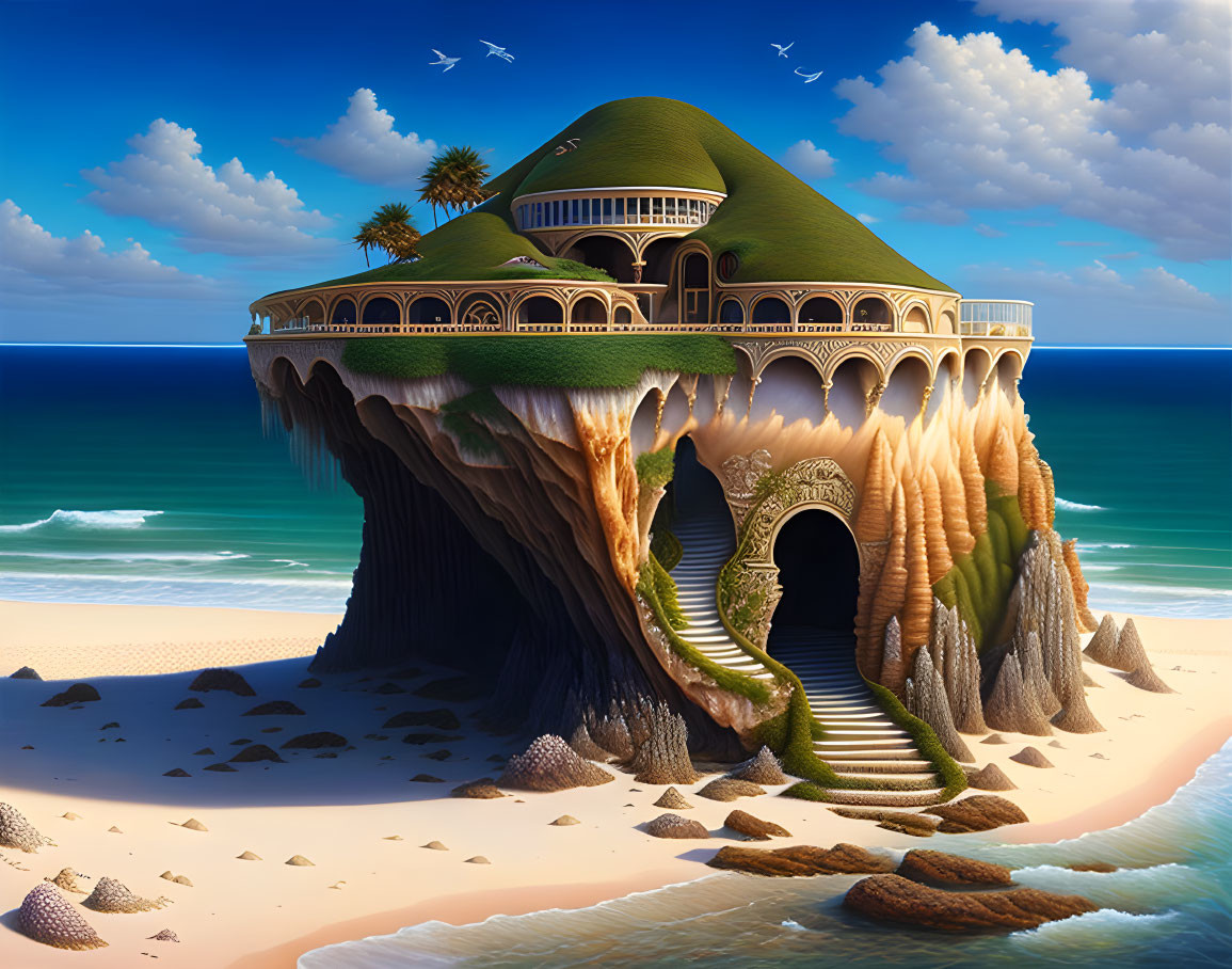 Fantasy villa on isolated sea rock with staircase to beach