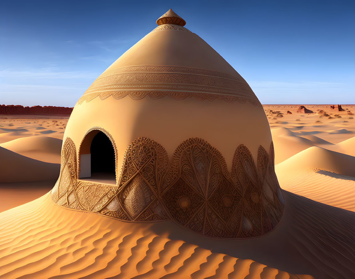 Intricate dome-shaped structure in desert landscape under clear blue sky