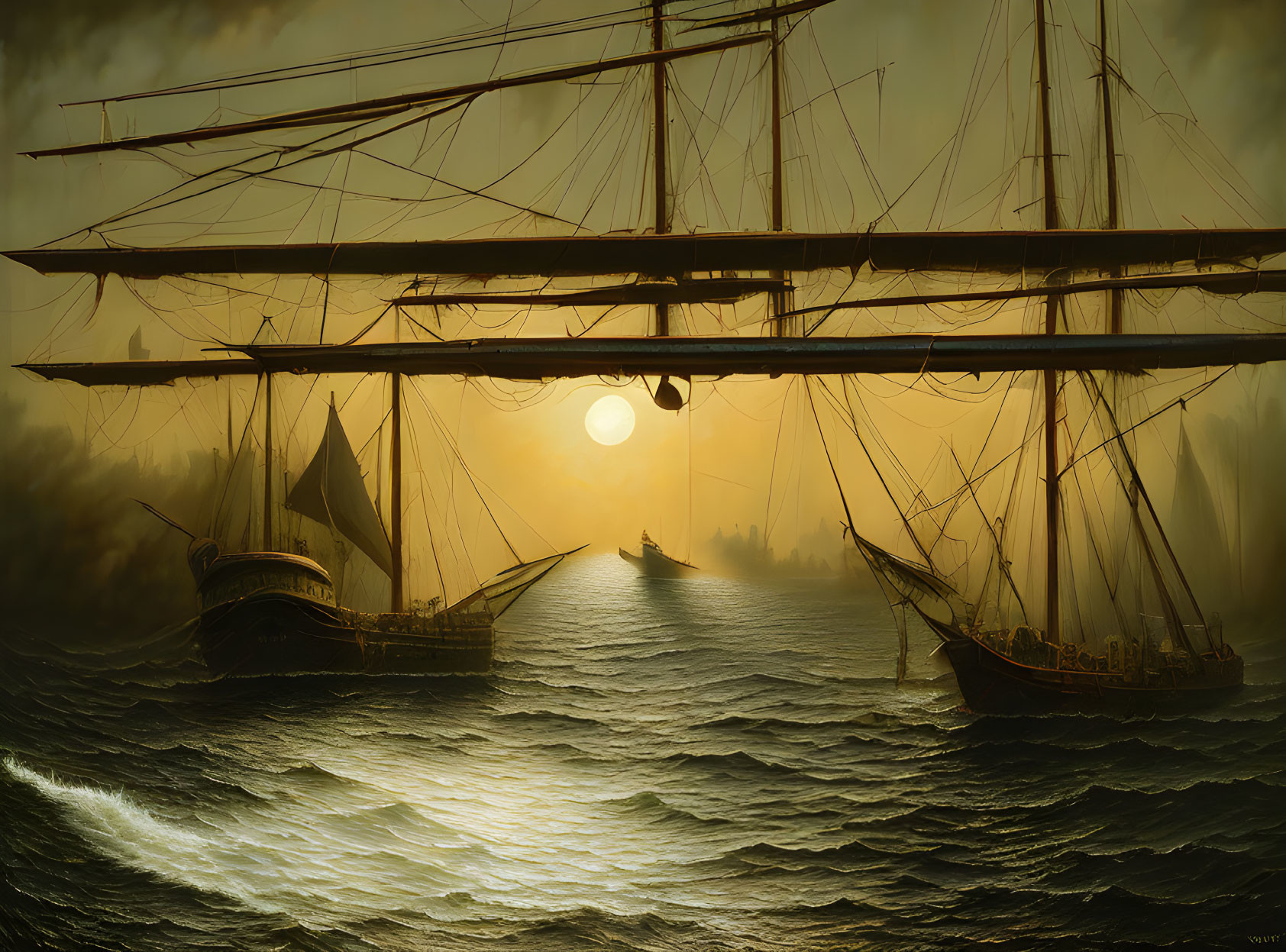 Sunset Maritime Scene: Ships on Turbulent Sea in Hazy Twilight