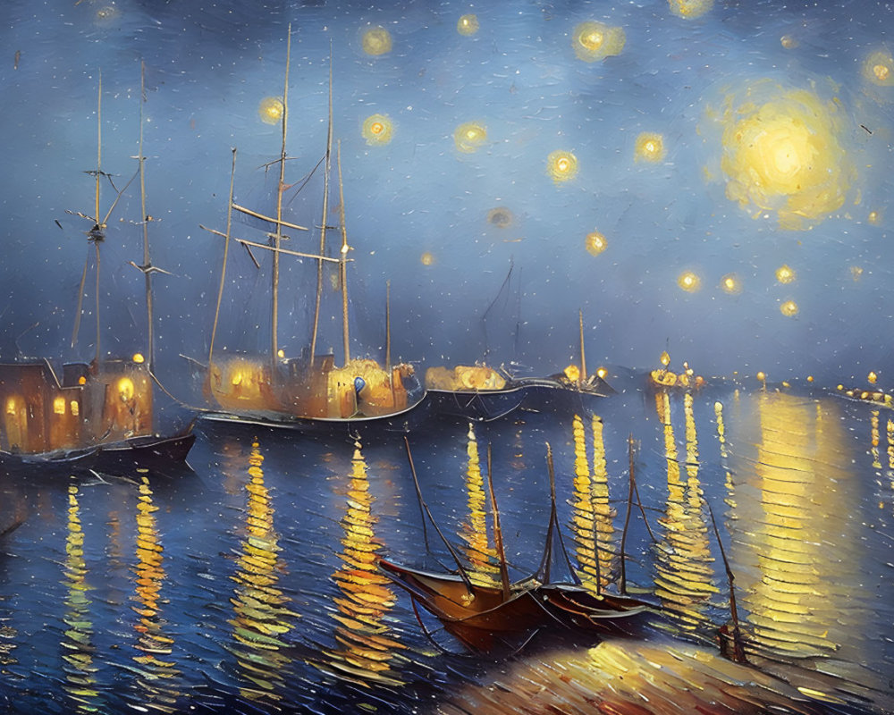 Tranquil harbor scene with starry night, illuminated boats, swirling moon, and glowing orbs