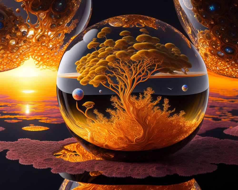 Surreal image of glossy sphere with golden tree in vivid landscape