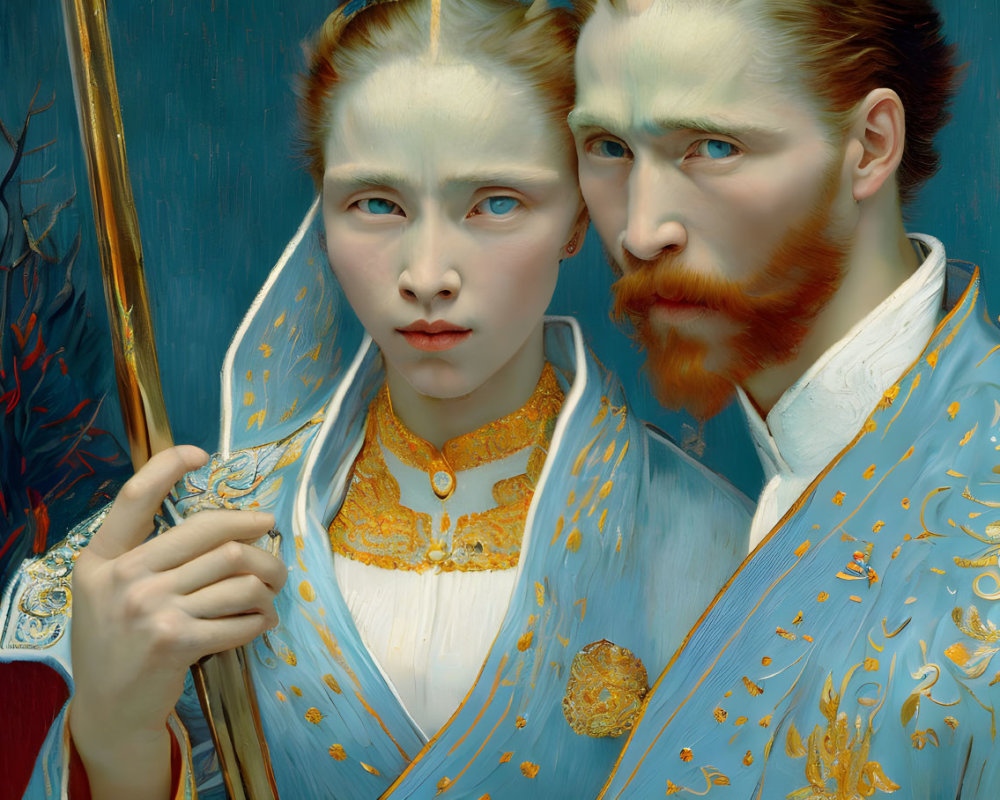 Detailed painting of pale-skinned man and woman in ornate blue and white attire with gold accents posing