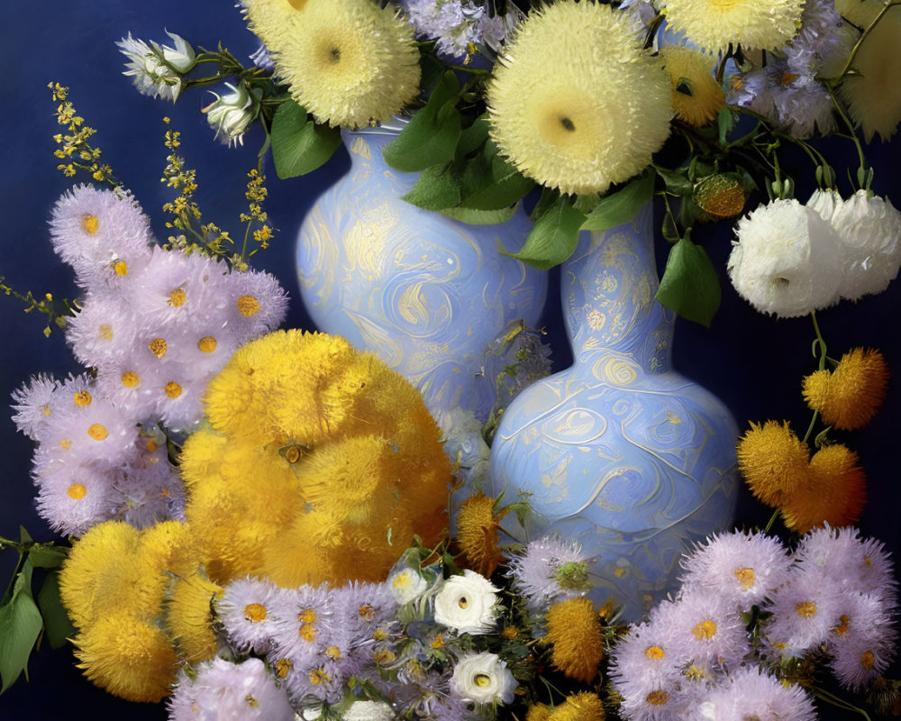 Colorful Flowers in Pale Blue Vases on Dark Blue Background