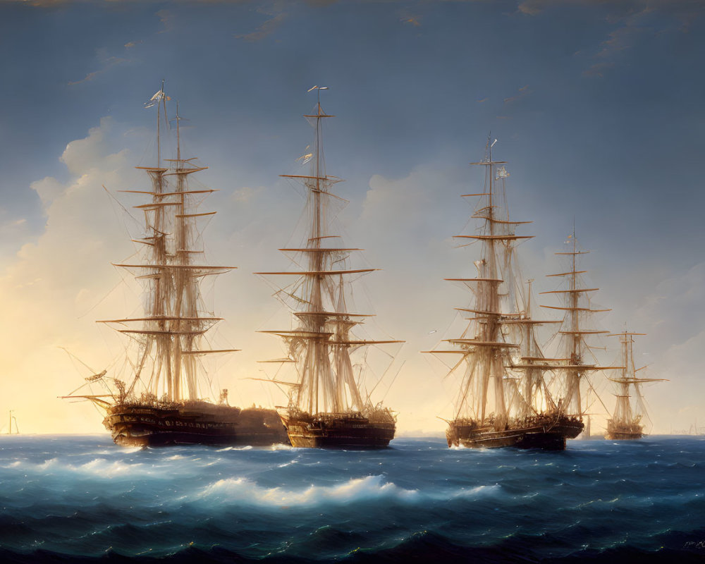 Tall-masted sailing ships on calm seas under soft-lit sky