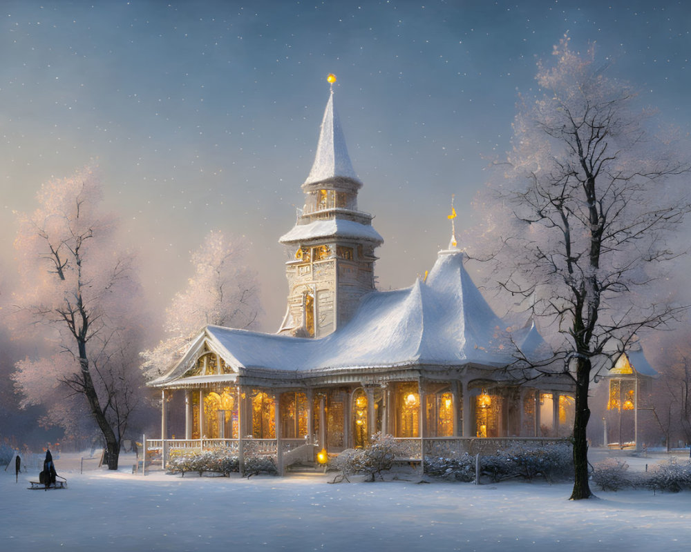 Wooden church with lights in snow-covered twilight landscape