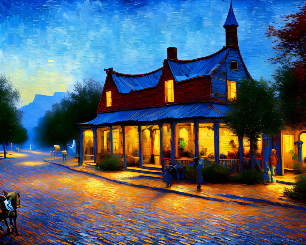 Impressionist-style painting of quaint street scene at dusk