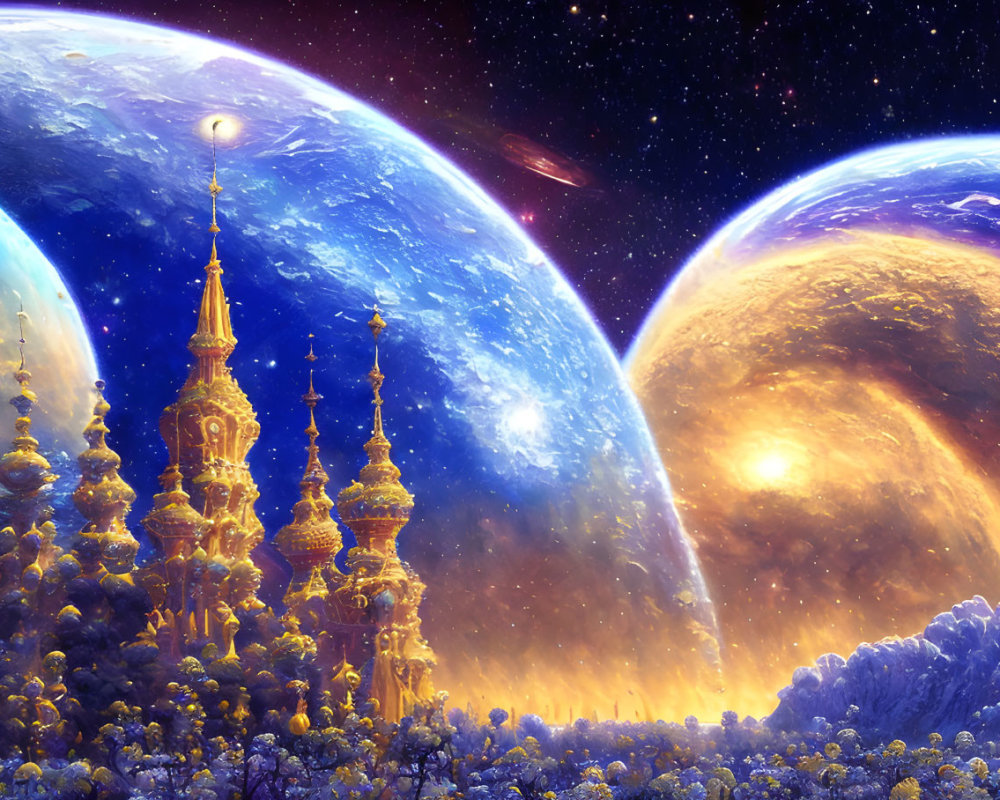 Fantastical landscape with golden structures, celestial bodies, and starry sky.