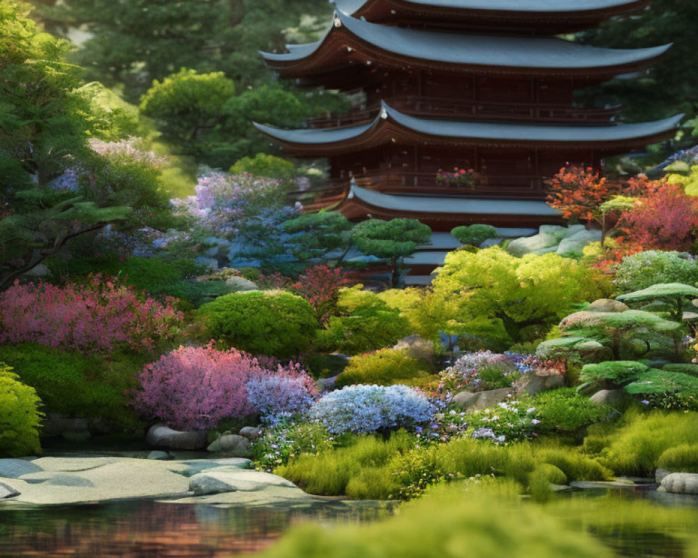 Tranquil Japanese garden with pond, azaleas, greenery, and pagoda