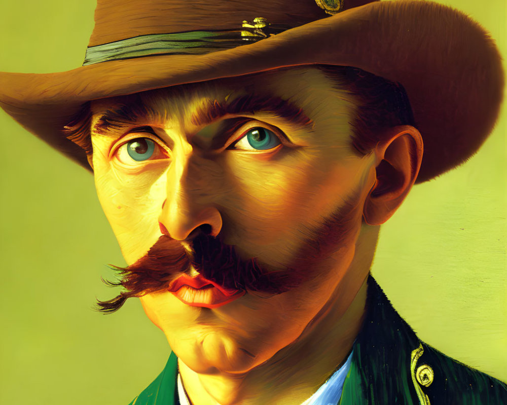 Stylized portrait of a man with mustache in military attire on yellow background