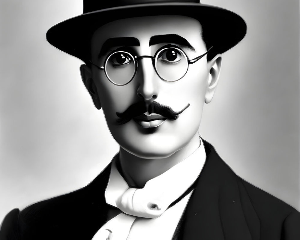 Monochrome portrait of person with round glasses and top hat