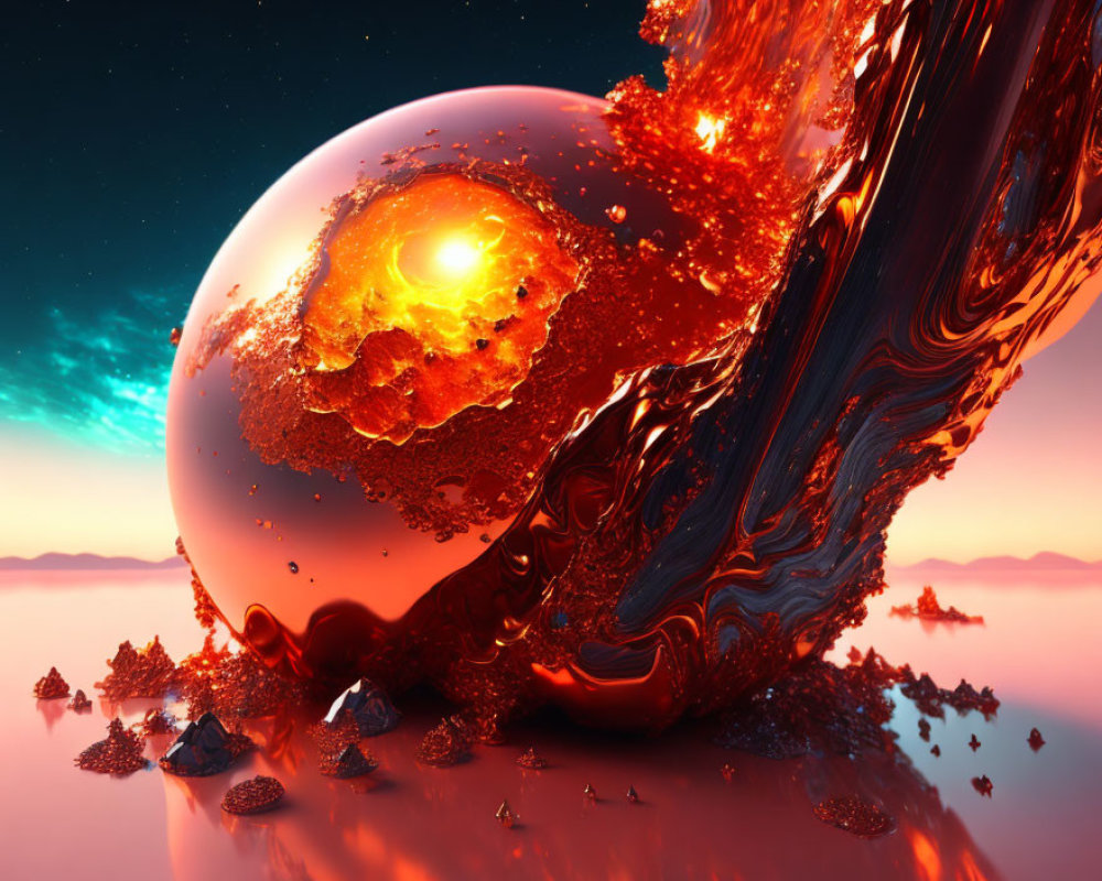 Surreal landscape with molten sphere and flowing lava under vivid sunset sky