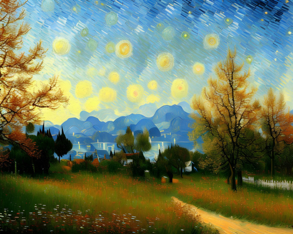 Vibrant Autumn Landscape with Trees, Lake, Mountains, and Starry Sky