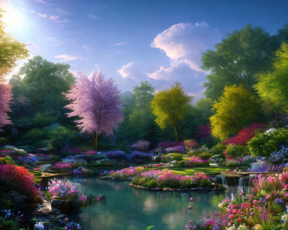 Tranquil garden scene with pink and purple flowers, lush greenery, pond, and waterfall