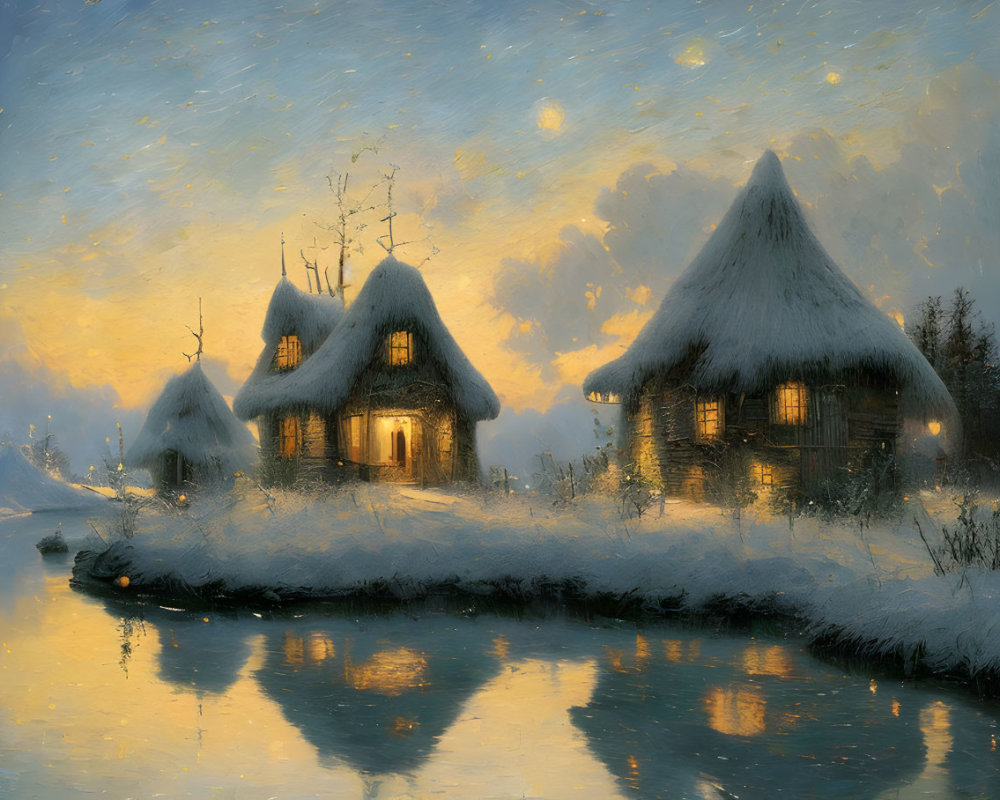 Snowy Thatched Cottages Dusk Scene