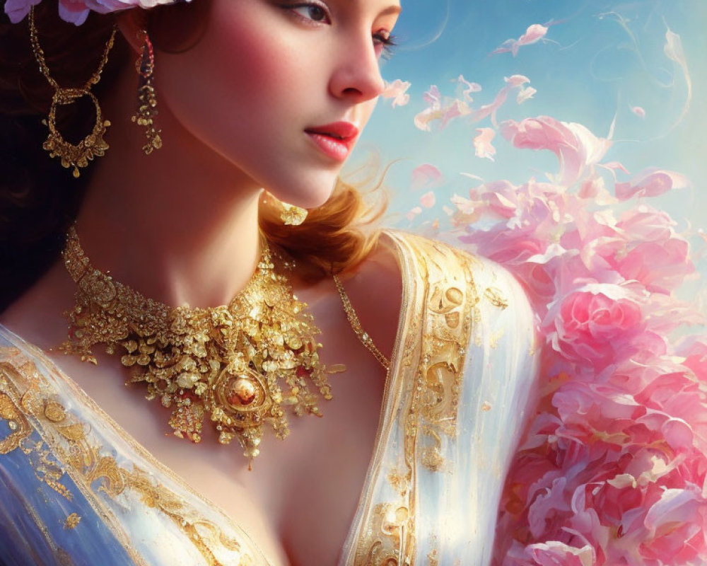 Portrait of Woman with Pink Flower, Gold Jewelry, Blue Dress, and Pink Roses