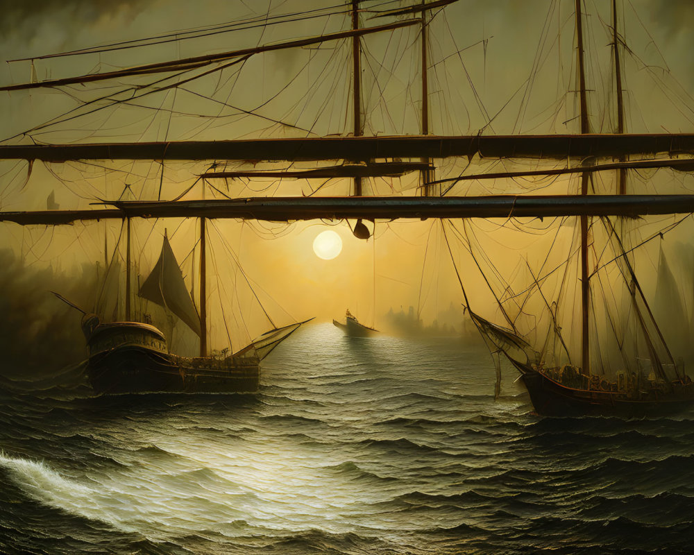 Sunset Maritime Scene: Ships on Turbulent Sea in Hazy Twilight