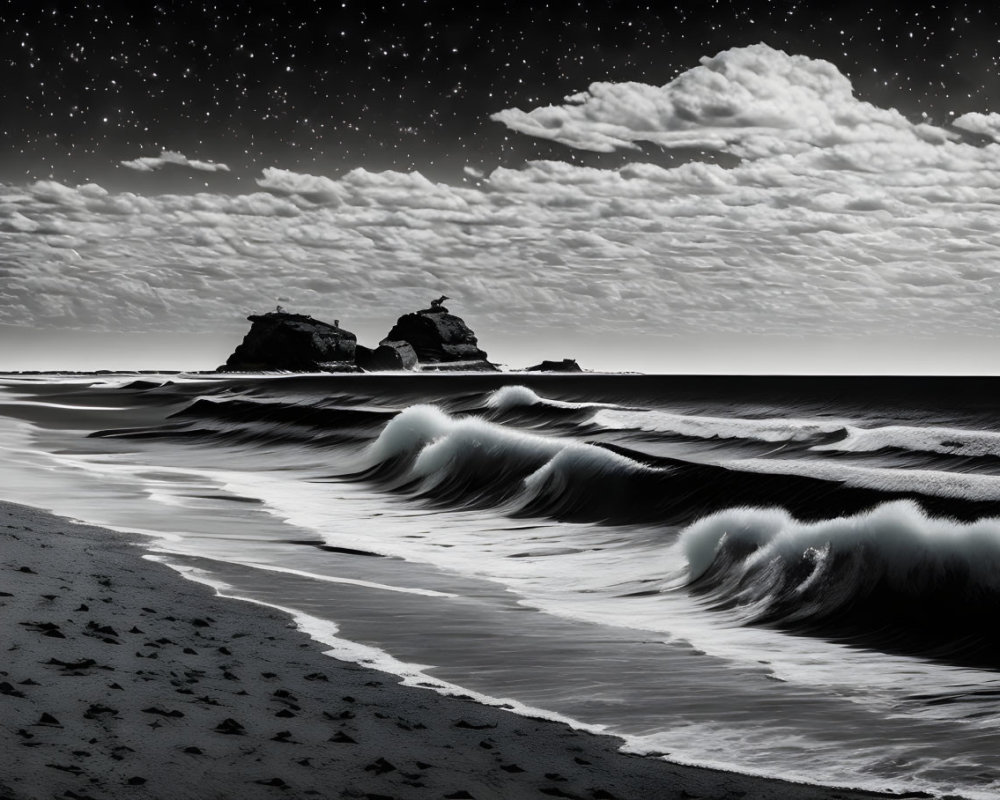 Monochrome seascape with starry night sky and gentle waves.