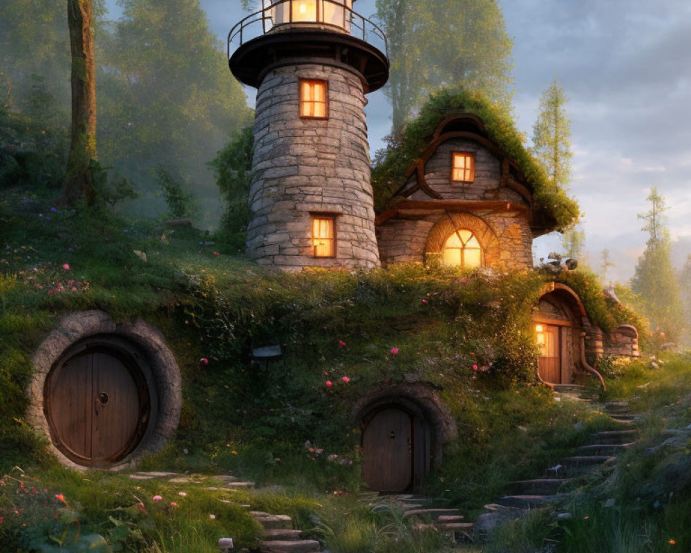 Twilight scene of whimsical stone lighthouse and hobbit-style house nestled in lush greenery