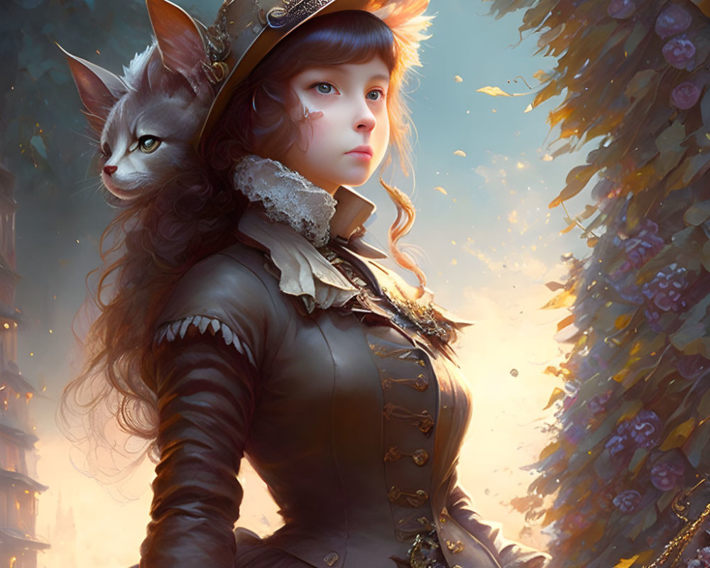 Digital artwork: Girl with feline features in Victorian attire with cat companion