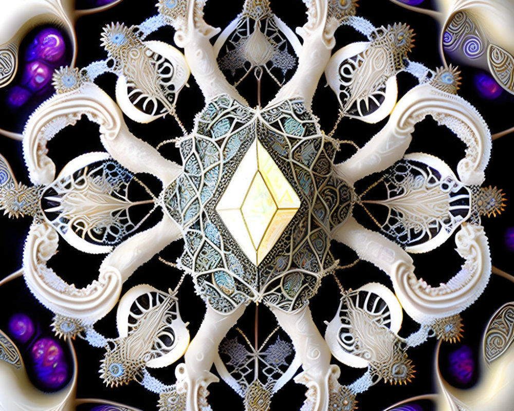 Symmetrical fractal design with intricate lace patterns and glowing yellow diamond on dark background