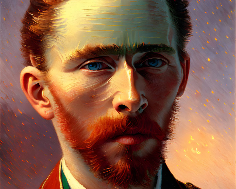 Detailed Portrait of Man with Red Beard and Blue Eyes in Military Jacket on Star-Speckled Orange