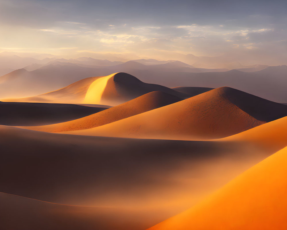 Majestic golden sand dunes under warm hazy sky