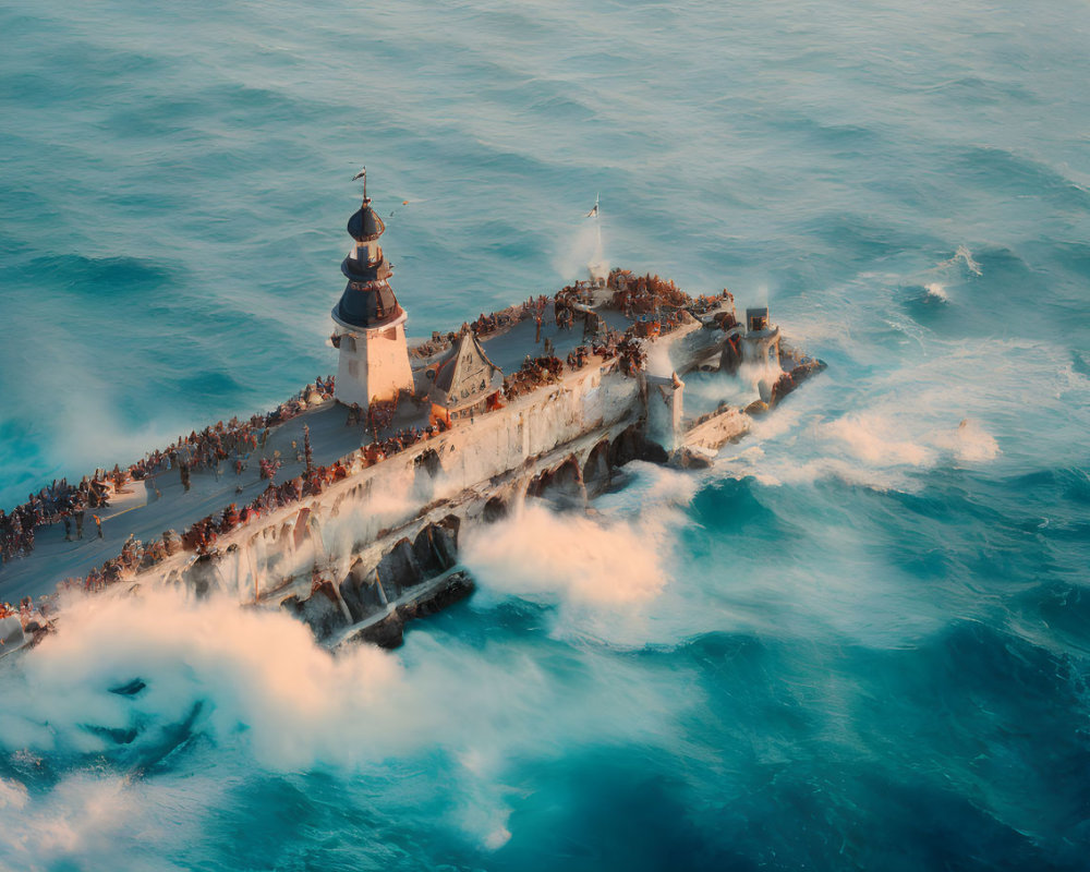 Aerial View of Old Lighthouse on Pier Amid Turbulent Sea Waves