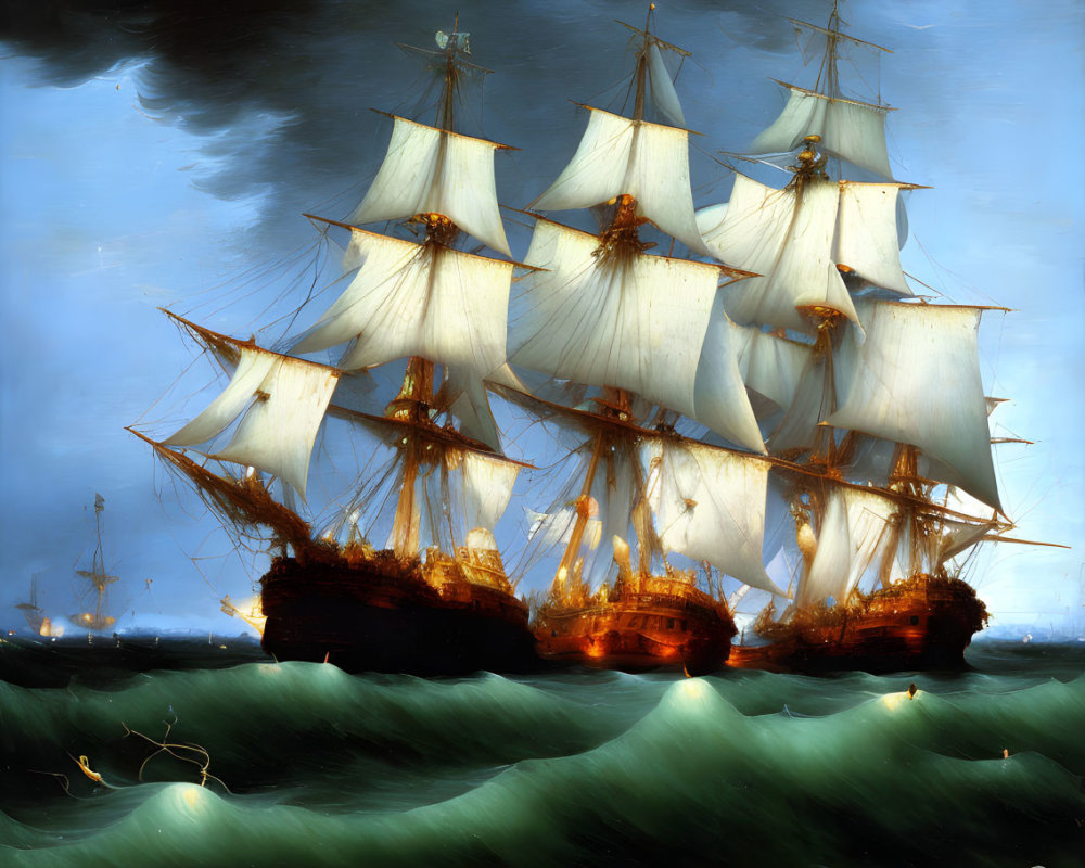 Majestic sailing ships on turbulent sea under golden sunlight