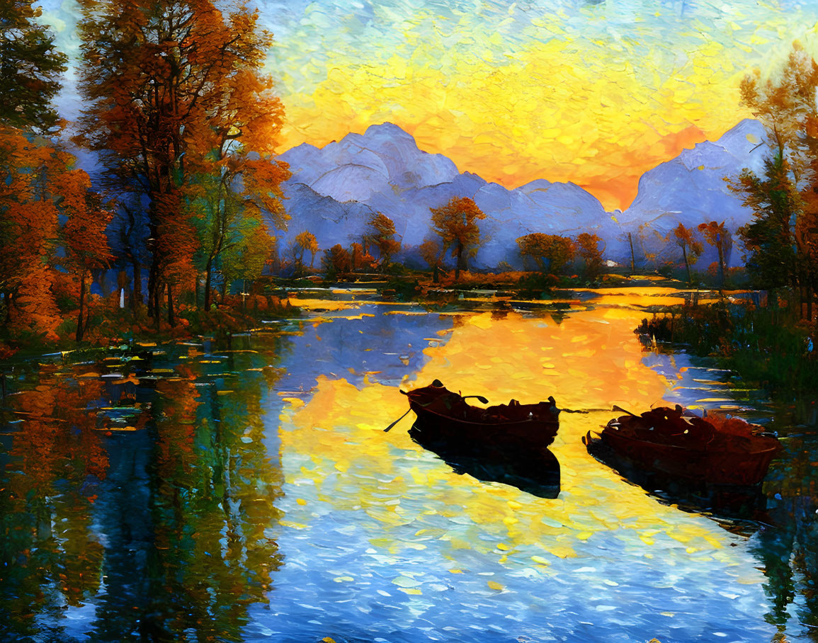 Autumn landscape painting: boats on reflective lake, mountains, sunset.