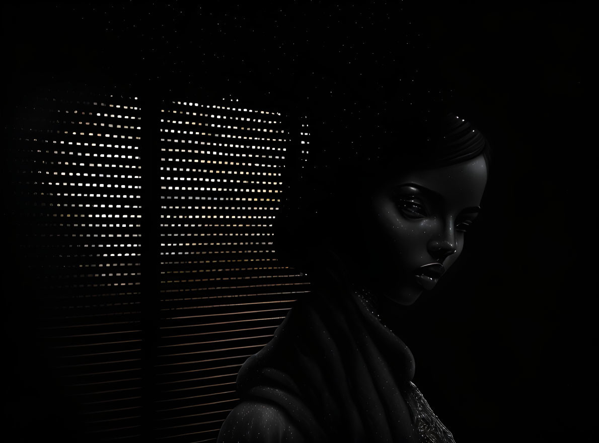 Monochrome woman's profile with luminous dot background.