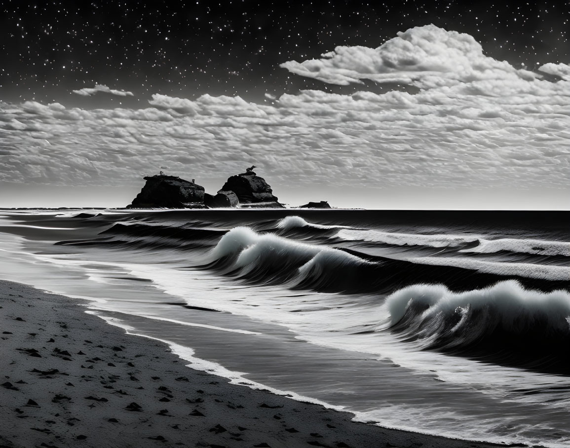 Monochrome seascape with starry night sky and gentle waves.