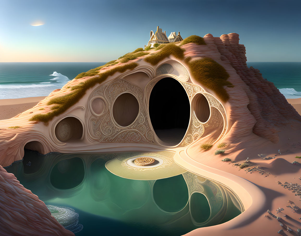 Fantastical coastal landscape with organic cave dwelling, lush greenery, and turquoise lagoon.